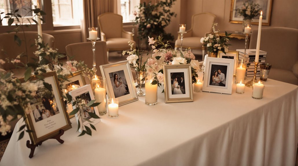 A decorated table with framed wedding photos, white flowers in vases, lit candles, and stacked books set in an elegant room hints at planning a meaningful memorial service, with soft lighting and beige chairs in the background.
