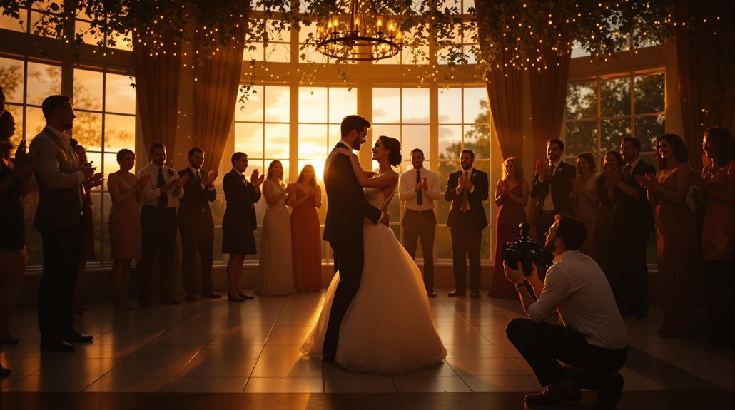 A bride and groom share their first dance in a sunlit hall, surrounded by applauding guests. String lights create a warm ambiance as a photographer and event videography team capture these lasting memories.
