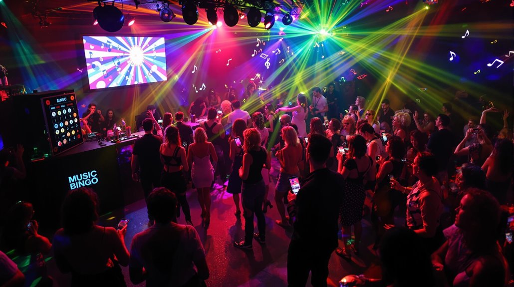 A lively crowd dances at a club with colorful laser lights, music notes, and a vibrant screen in the background. People are enjoying the energetic atmosphere of a memorable music bingo night, some holding drinks and phones.