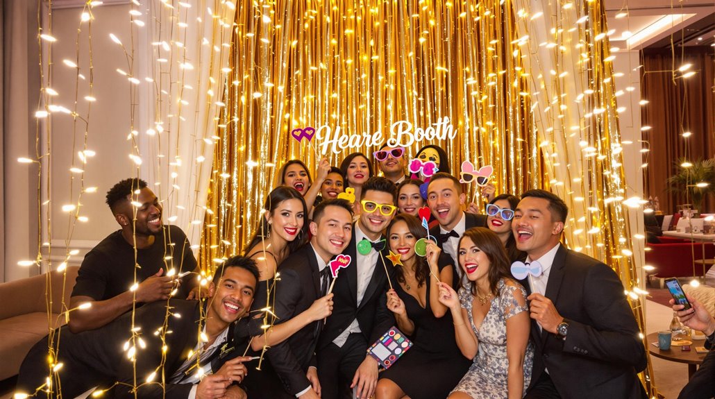 A large group of people dressed in formal wear pose together, smiling and holding playful photo booth props in front of a gold tinsel backdrop with a Hearts Booth sign and string lights at a lively corporate event.