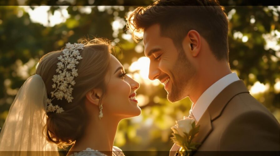 A bride and groom smile lovingly at each other outdoors, bathed in warm sunlight. Capturing moments like these is what our photography services are all about, preserving your love story amid greenery and golden light.