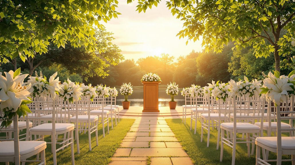 An outdoor wedding ceremony setup at sunset, with white chairs in rows and flowers on each seat. A flower-adorned podium stands at the end of a stone aisle, surrounded by green trees and a scenic lake—an inspiring scene for a meaningful memorial.