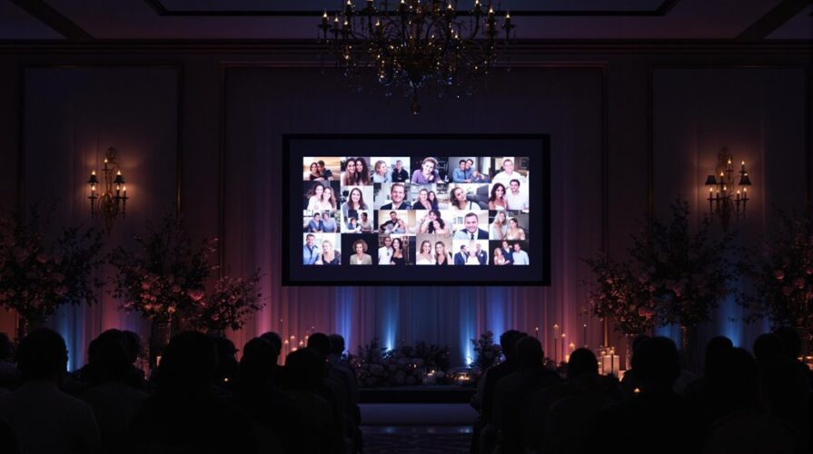 A large screen displays a video call with multiple people, while a seated audience watches in a dimly lit, elegant room decorated with flowers and chandeliers, honoring loved ones with professional AV that brings everyone together.