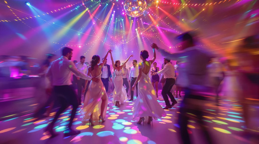 A lively wedding reception dance floor with guests in formal attire moving to top wedding songs under a disco ball and vibrant lights, creating a festive and joyful atmosphere.