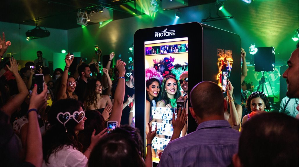 A lively crowd surrounds a photo booth at a party. Two women pose inside the booth, smiling for a picture, while people nearby take photos and cheer amid colorful lights—perfect party engagement and unforgettable event entertainment.