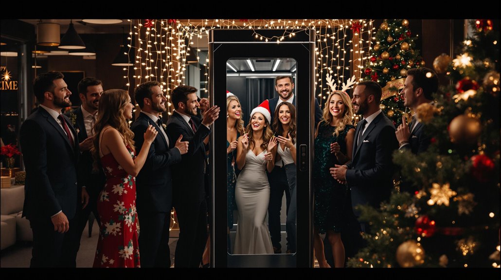 A group in formal attire smiles and celebrates at a company holiday celebration as a woman in a white dress and Santa hat poses in a festive photo booth, surrounded by twinkling lights and a bright Christmas tree.