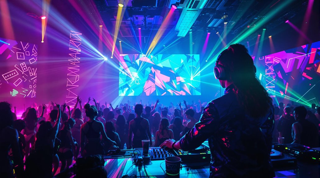 A DJ performs on stage at a vibrant nightclub, with colorful lights, lasers, and abstract visuals illuminating a large crowd dancing to top songs of 2025, enjoying an energetic atmosphere reminiscent of high school dances.