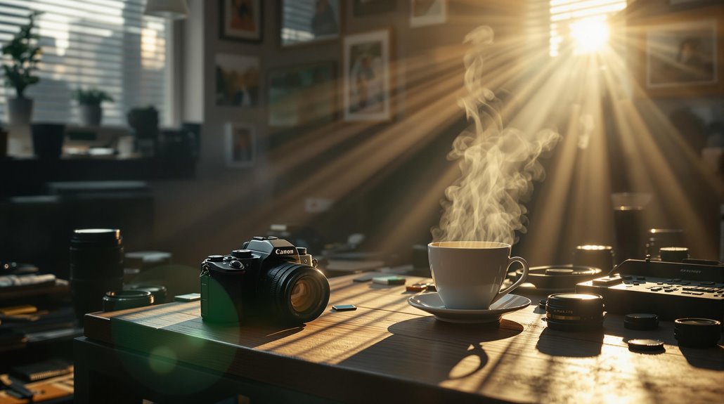 A steaming cup of coffee and a camera sit on a wooden table in a sunlit room, as sunlight streams through window blinds—capturing the cozy, cluttered vibe behind the lens of an event photographer.
