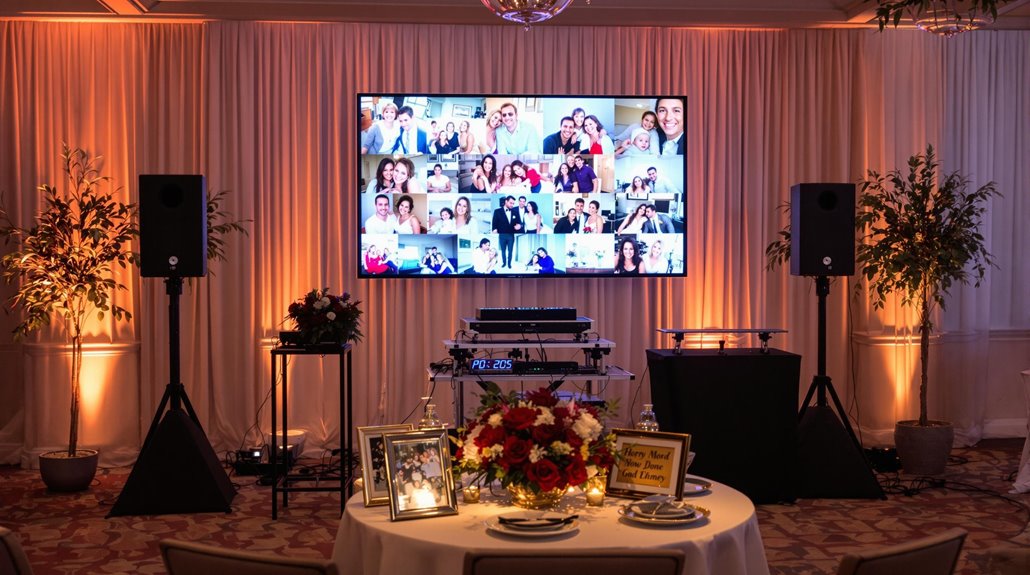 A decorated event room for a life celebration features a round table, floral centerpiece, framed photos, and DJ setup. AV services support a large screen with a video call. Warm lighting and plants create an elegant atmosphere.