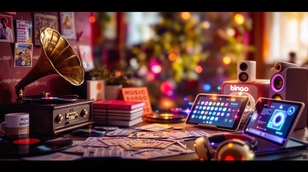 A cozy, colorful room with a gramophone, vinyl records, tablets showing digital music bingo apps, headphones, bingo cards, and speakers on a cluttered table, lit by warm string lights and a blurred Christmas tree in the background.