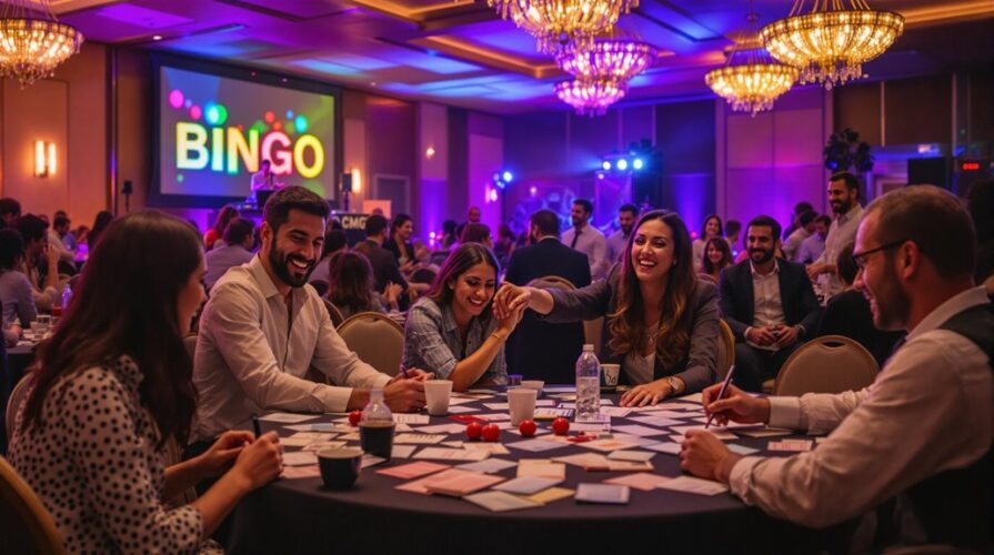 People laughing and playing Music Bingo at round tables in a vibrant, well-lit room with chandeliers. A colorful Bingo sign glows in the background, creating a lively, social atmosphere—perfect for corporate team-building events.