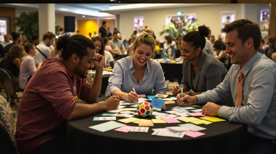 A diverse group of four people sits around a table, smiling and collaborating with colorful cards and markers at a lively corporate event, enjoying team building activities, with other groups visible in the background.