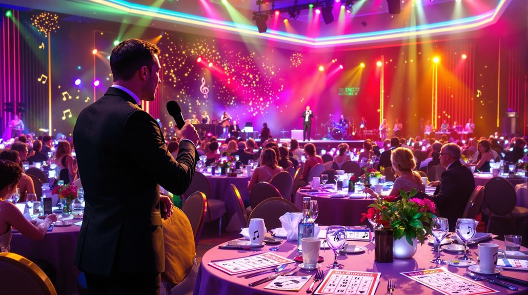 A man in a suit holds a microphone, addressing a large audience at round tables in a brightly lit event hall, where colorful stage lights and musical notes set the scene for engaging Event Entertainment and Music Bingo.