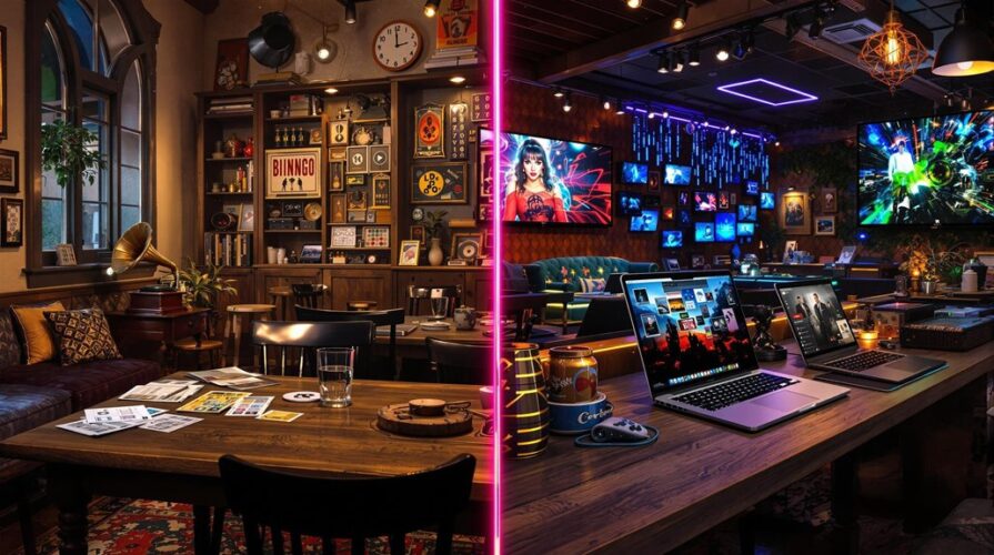 A split image shows a cozy vintage café with books and games on the left, and a modern, neon-lit gaming room featuring laptops, drinks, digital screens, and digital music bingo on the right—capturing the evolution of music games.
