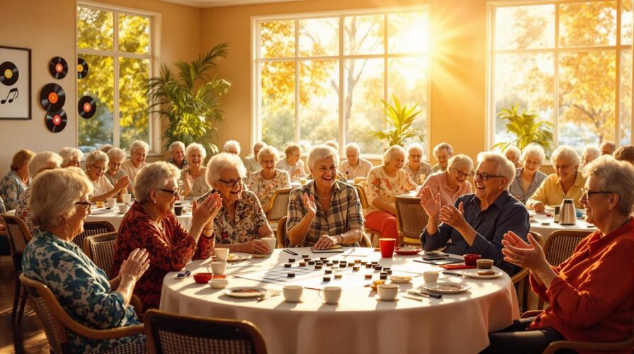 A group of elderly people in a vibrant senior community sit around tables in a sunlit room, joyfully clapping and smiling as they play music bingo together. The atmosphere is warm and cheerful, with large windows and bright decor.