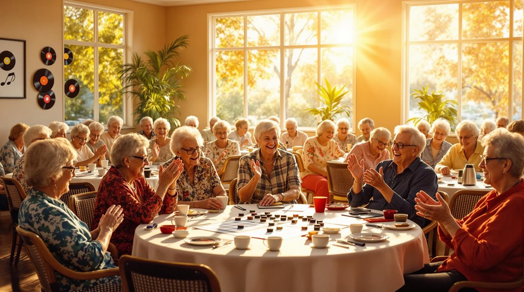 A group of elderly people in a vibrant senior community sit around tables in a sunlit room, joyfully clapping and smiling as they play music bingo together. The atmosphere is warm and cheerful, with large windows and bright decor.