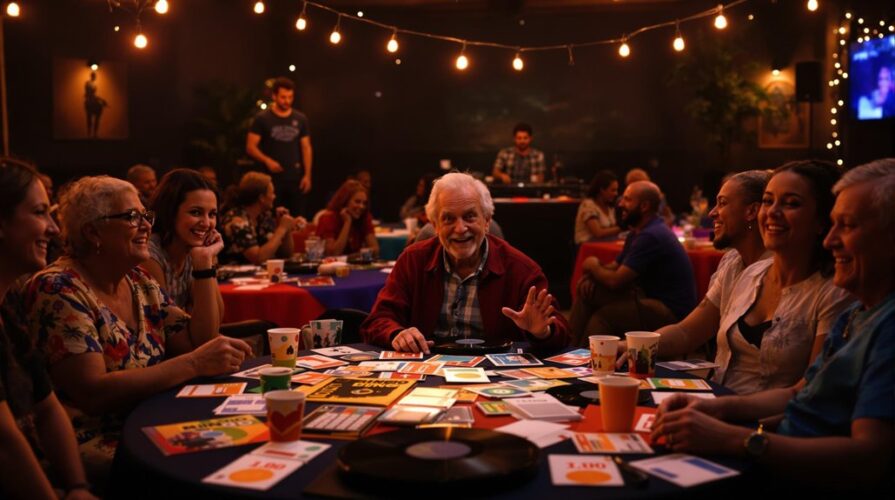 A group of people, including seniors and adults, sit around a table playing Music Bingo in a warmly-lit room decorated with string lights. Everyone is smiling and laughing, creating a lively and joyful atmosphere of traditional entertainment.