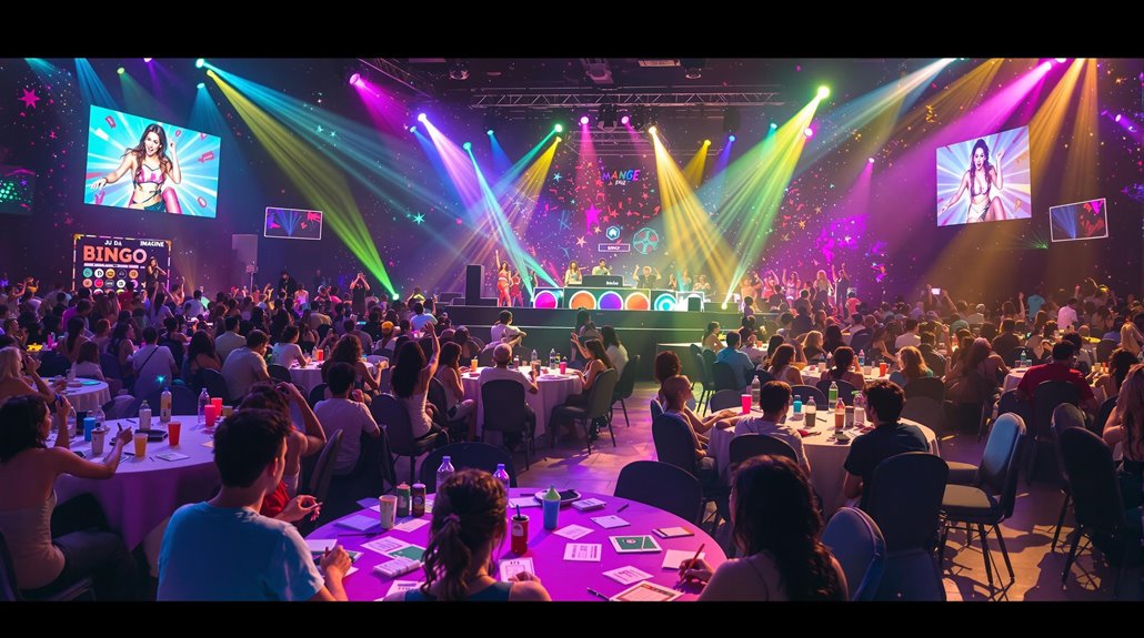 A vibrant music bingo event with many people seated at round tables, colorful stage lights, and a DJ on stage. Large screens display a female host, making this festive and lively gathering the next big thing in event entertainment.
