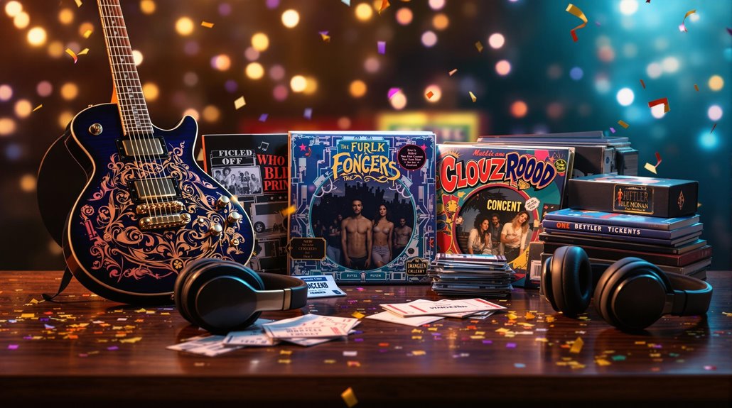A decorated electric guitar, vinyl records, headphones, and concert tickets—perfect music bingo prizes—sit among stacks of books on a wooden table with confetti and vibrant lights, creating a festive atmosphere for any music bingo event.
