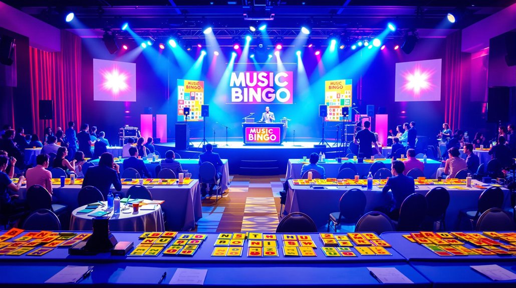 A lively indoor corporate event with people seated at tables playing music bingo, colorful bingo cards scattered around, and a brightly lit stage with Music Bingo displayed on a large screen. Perfect for team building and fun!.