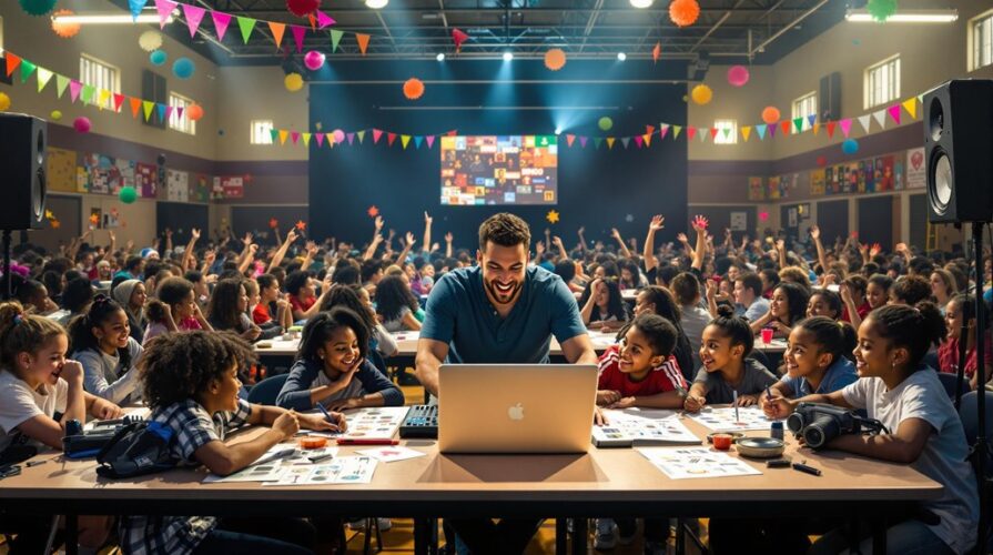 A smiling man sits at a table with a laptop, surrounded by enthusiastic children in a decorated gym. The lively room, ideal for school events like music bingo, bursts with kids, colorful bunting, and art in a festive atmosphere.