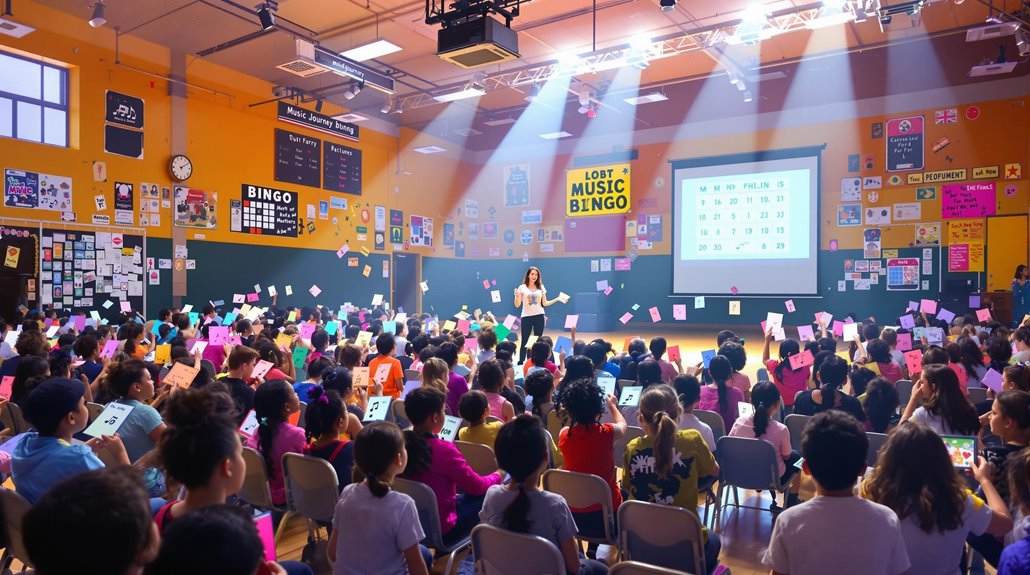 A large group of children in a colorful school gym play music bingo, holding up cards as a woman on stage calls the game. Perfect for school events and younger audiences, a bingo grid is projected as posters and artwork decorate the walls.