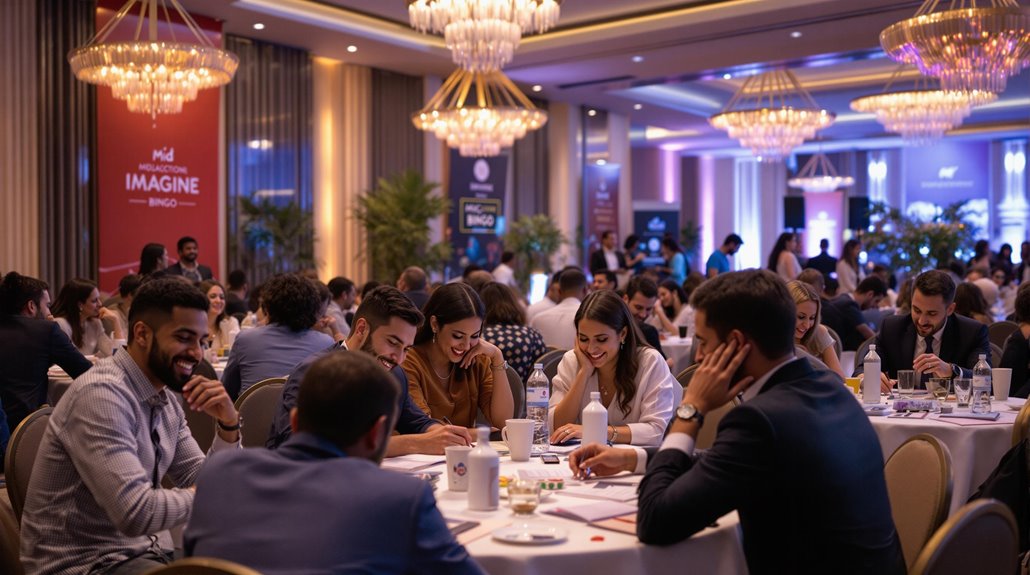 A large group of people in business attire sit at round tables in a brightly lit, elegant conference hall, engaged in conversation and team building activities, with banners and chandeliers visible in the background.