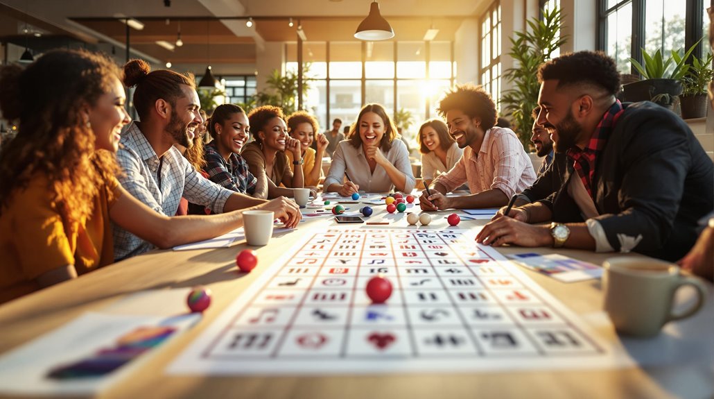 A diverse group of people sit around a table playing Music Bingo in a bright, modern room, smiling and laughing together, with bingo cards and markers spread out on the table as part of a fun corporate team-building activity.