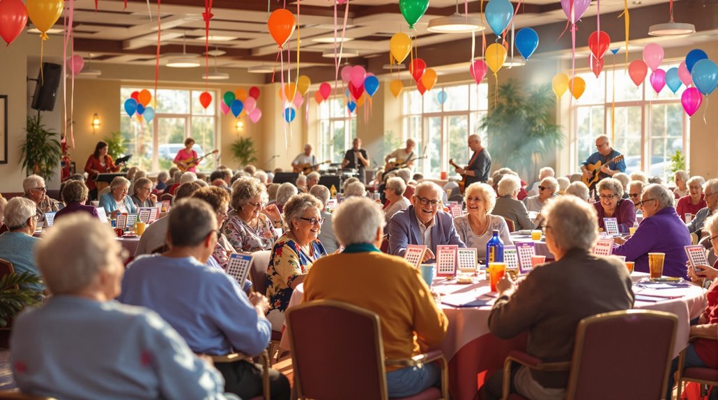 A lively senior community room filled with seniors sitting at round tables playing music bingo, with colorful balloons and streamers hanging from the ceiling. A live band performs in the background, adding to the festive atmosphere and engagement.