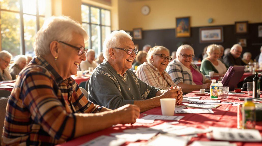 A group of elderly people sit at tables with red tablecloths, smiling and laughing together in a sunlit room, enjoying music bingo during a senior community event. Papers, bottles, and cups are scattered on the tables.