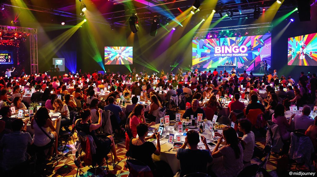 A large crowd sits at round tables playing Music Bingo in a vibrant, colorful event hall with bright stage lights and large screens displaying “BINGO with so many numbers”—the next big thing in event entertainment.