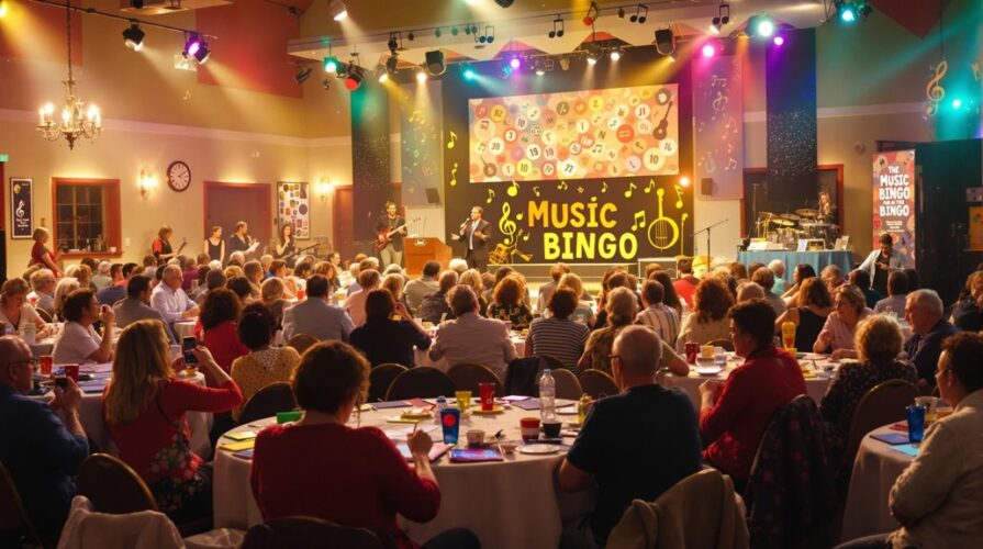 A large crowd sits at round tables in a brightly lit hall, enjoying a lively music bingo fundraiser. The room is decorated with musical notes and vibrant stage lights, adding excitement as guests watch the colorful Music Bingo sign on stage.