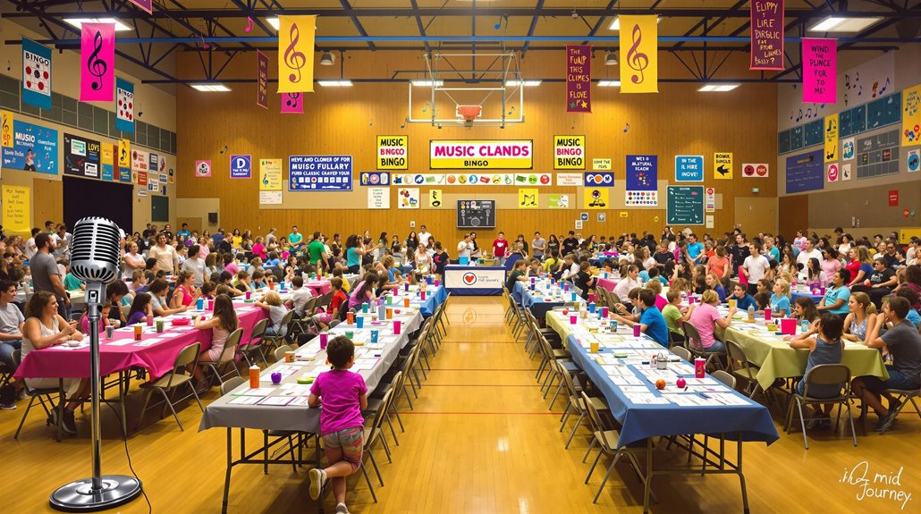 A crowded school gym decorated with colorful banners, filled with families seated at long tables for a music bingo event. A microphone stands in the foreground as people gather near the stage, making it one of the best school fundraisers around.