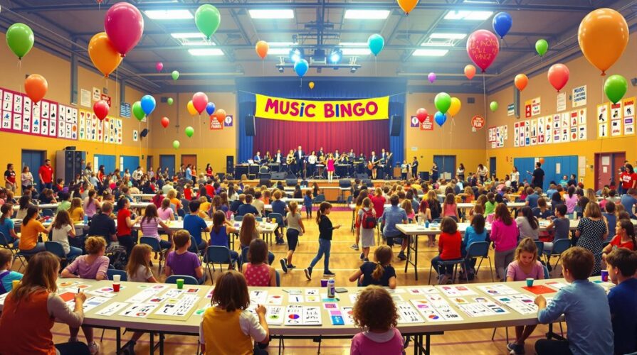 A lively school gym hosts a “Music Bingo” event, one of the most engaging school fundraisers. Children and adults play bingo at tables as balloons float overhead and a band performs on stage beneath a colorful banner, filling the festive, crowded room with excitement.
