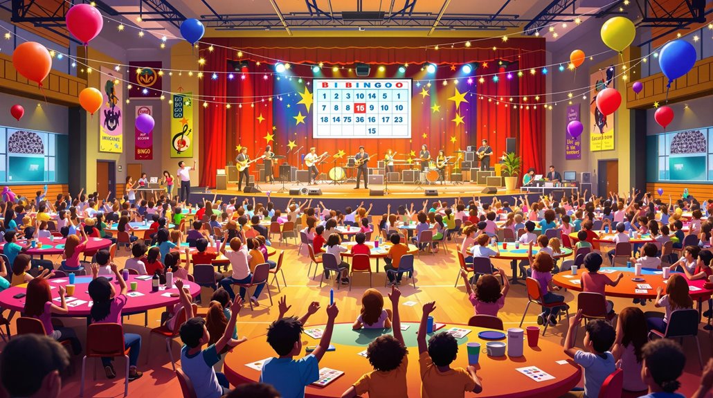 A lively, colorful music bingo event in a gymnasium, perfect for school fundraisers, with children and adults at round tables, hands raised, festive balloons, string lights, and a band performing beneath a giant bingo board.