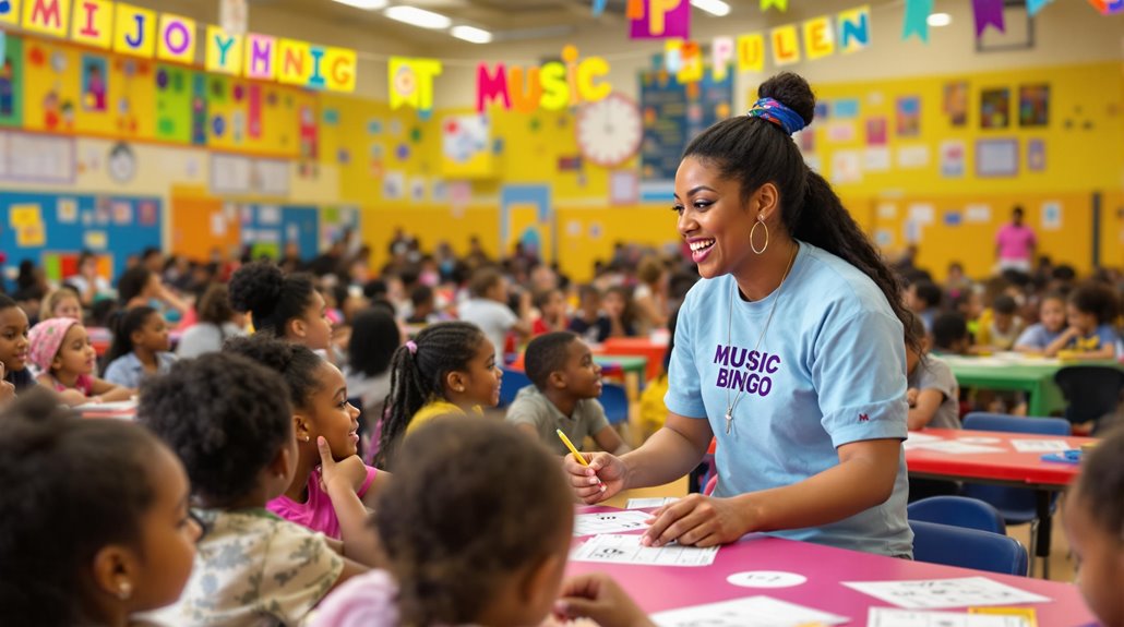A smiling teacher in a Music Bingo shirt hands out papers to children in a colorful, banner-filled classroom. Kids sit at tables, engaging with the teacher during music bingo—a fun activity perfect for younger audiences and school events.