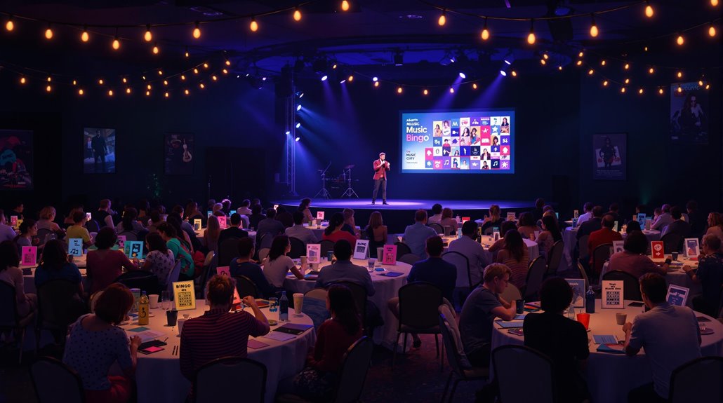 A large audience sits at round tables, holding colorful bingo cards, while a person hosting music bingo stands on stage under string lights. A bright screen behind them displays Music Bingo Night and various music-related images.