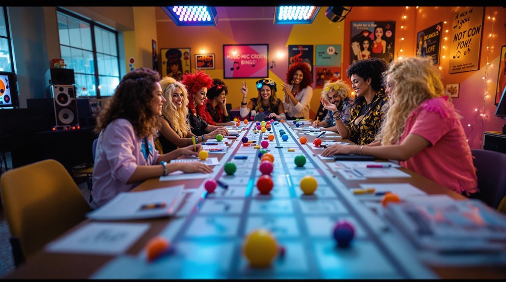 A group of people in colorful costumes and wigs sit around a long table playing themed music bingo with vibrant cards and balls, in a bright, festive room decorated with posters and string lights—perfect for fun office party ideas.