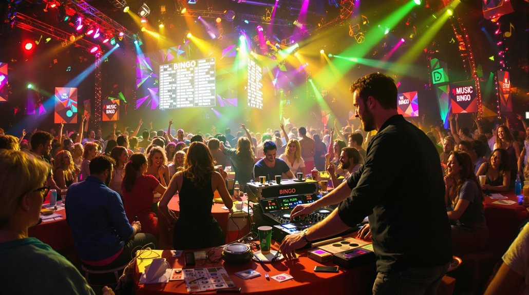 A lively crowd enjoys a music bingo night—the next big thing in event entertainment—in a colorful, neon-lit venue. A DJ operates equipment while people at tables play bingo, socialize, and dance under vibrant stage lights.