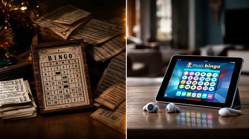 Split image showing a vintage bingo card with old papers on the left and a modern tablet displaying digital music bingo with earbuds on the right, highlighting the contrast between traditional and digital bingo.