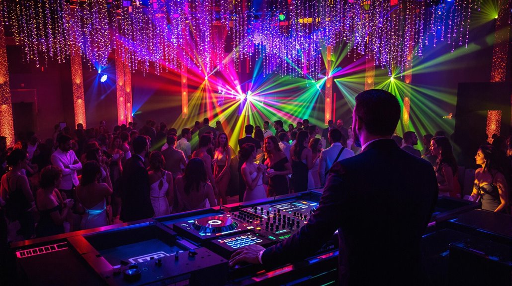 A DJ in a suit provides DJ services at a crowded Regina nightclub, where colorful laser lights and sparkling decorations fill the air. People are dancing and enjoying the vibrant, festive atmosphere—perfect for corporate events.