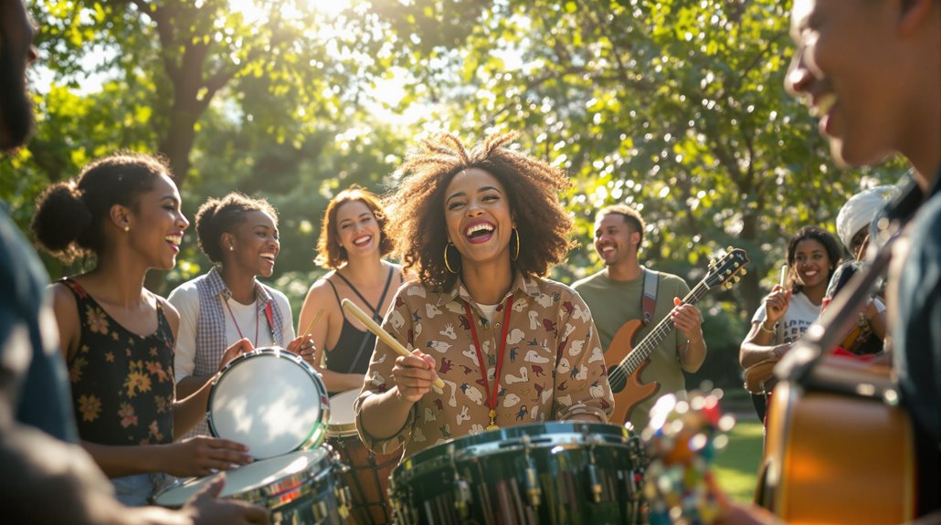 A group of young adults enjoy musical team building as they play instruments and laugh together outdoors in a sunny, green park. The central woman energetically drums while friends join in, all experiencing the benefits of team building through music and fun.