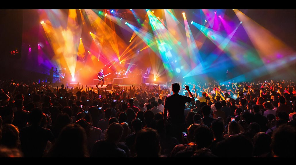 A large crowd enjoys a live music concert, with colorful stage lights illuminating the band. The energetic audience, some raising hands and recording with phones, contributes to an unforgettable guest experience and vibrant event atmosphere.
