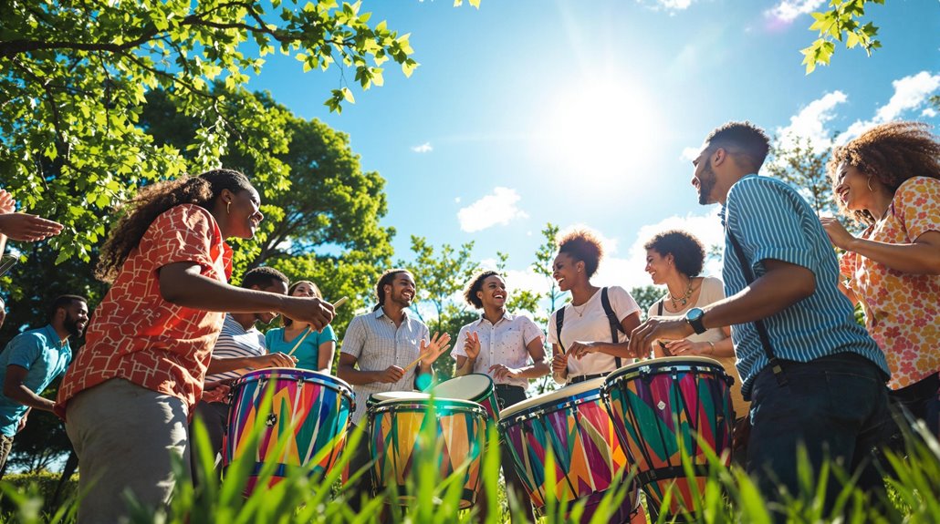 A group of people outdoors play colorful drums and laugh together under a bright, sunny sky surrounded by green trees and grass, enjoying the benefits of team building through fun musical team building activities.