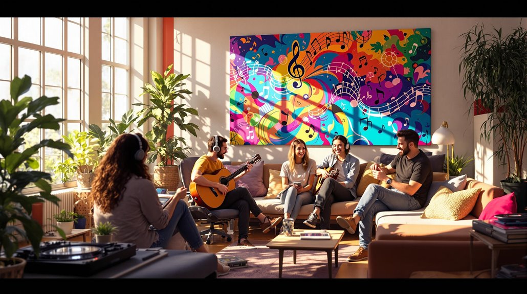 Four people sit in a bright, plant-filled living room playing guitars and chatting, enjoying music together. One person listens with headphones. A large, colorful musical-themed painting hangs on the wall behind them as sunlight streams through tall windows.