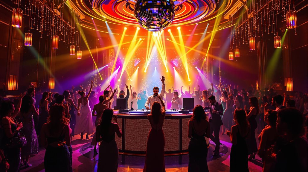A lively nightclub scene with DJ services on stage, colorful lights and lasers overhead, a large disco ball, and a crowd dancing and celebrating birthdays and anniversaries in a vibrant, modern setting.