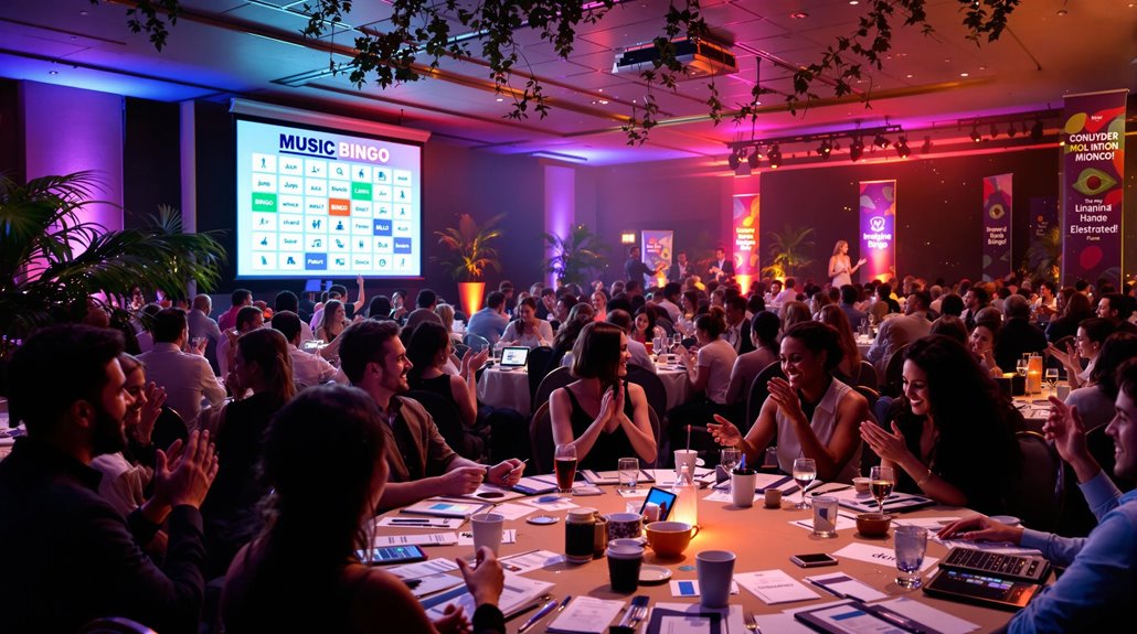 A large group sits at round tables in a dimly lit event space, watching a projected Music Bingo board. Attendees are engaged, clapping, and conversing, creating a lively, social atmosphere perfect for corporate event team building.