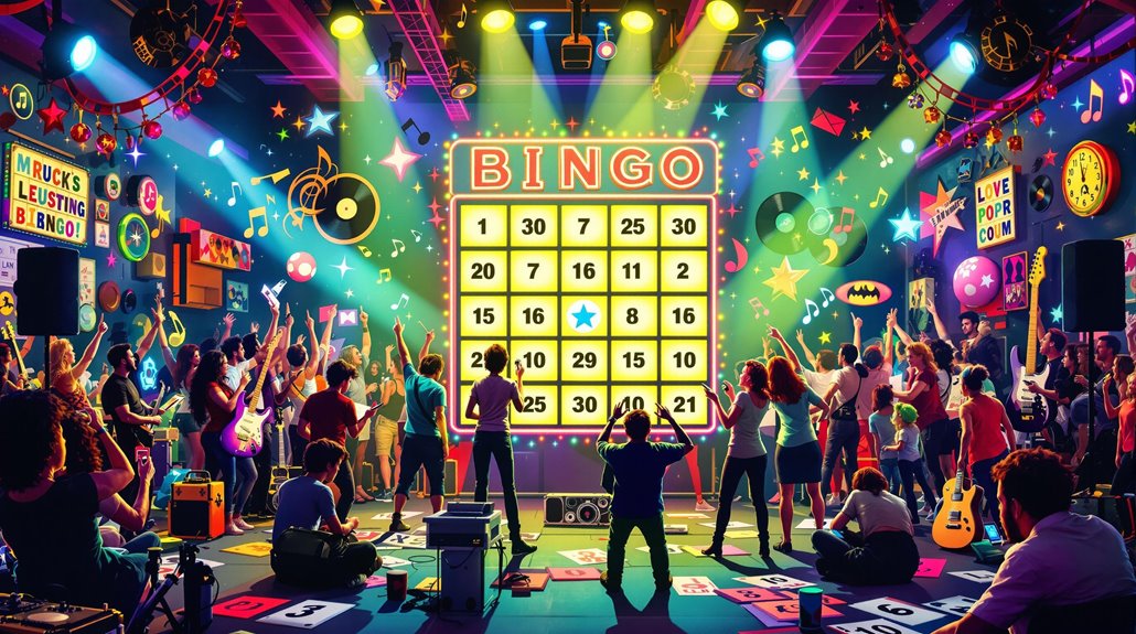 A lively crowd cheers in a colorful, music bingo night hall with neon lights. A large bingo board is displayed on stage, and people celebrate while holding bingo cards. Musical notes and decorations fill the vibrant room.