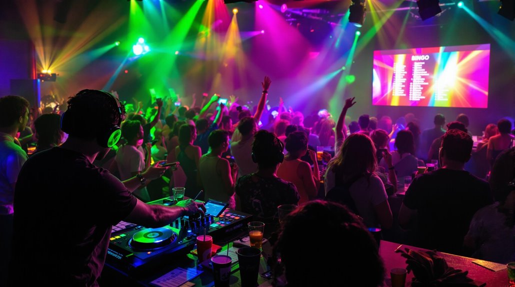 A lively crowd dances under colorful lights at a nightclub. An engaging DJ plays music at the turntable while a large screen in the background displays animated visuals and an exciting music bingo game list.