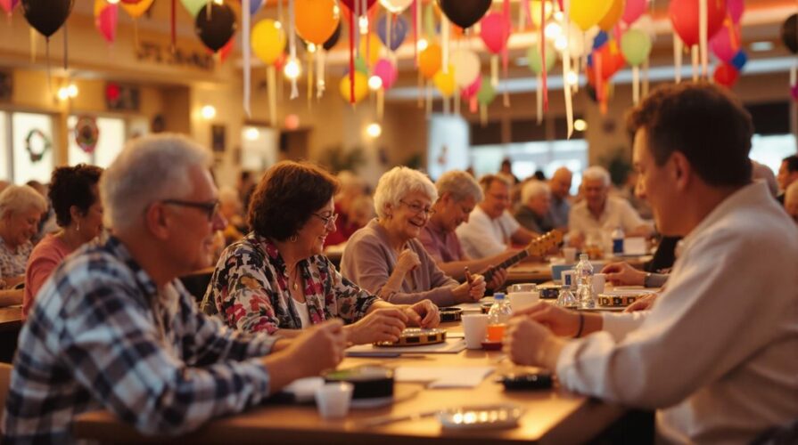 A group of elderly people sit at decorated tables in a festive, balloon-filled room, chatting and enjoying food together during a lively social event with music bingo, creating a memorable atmosphere for everyone.